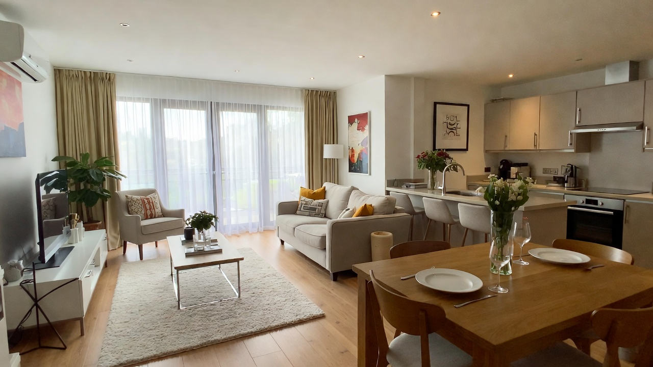 A bright Property Egg accommodation interior with an open-plan living and dining area